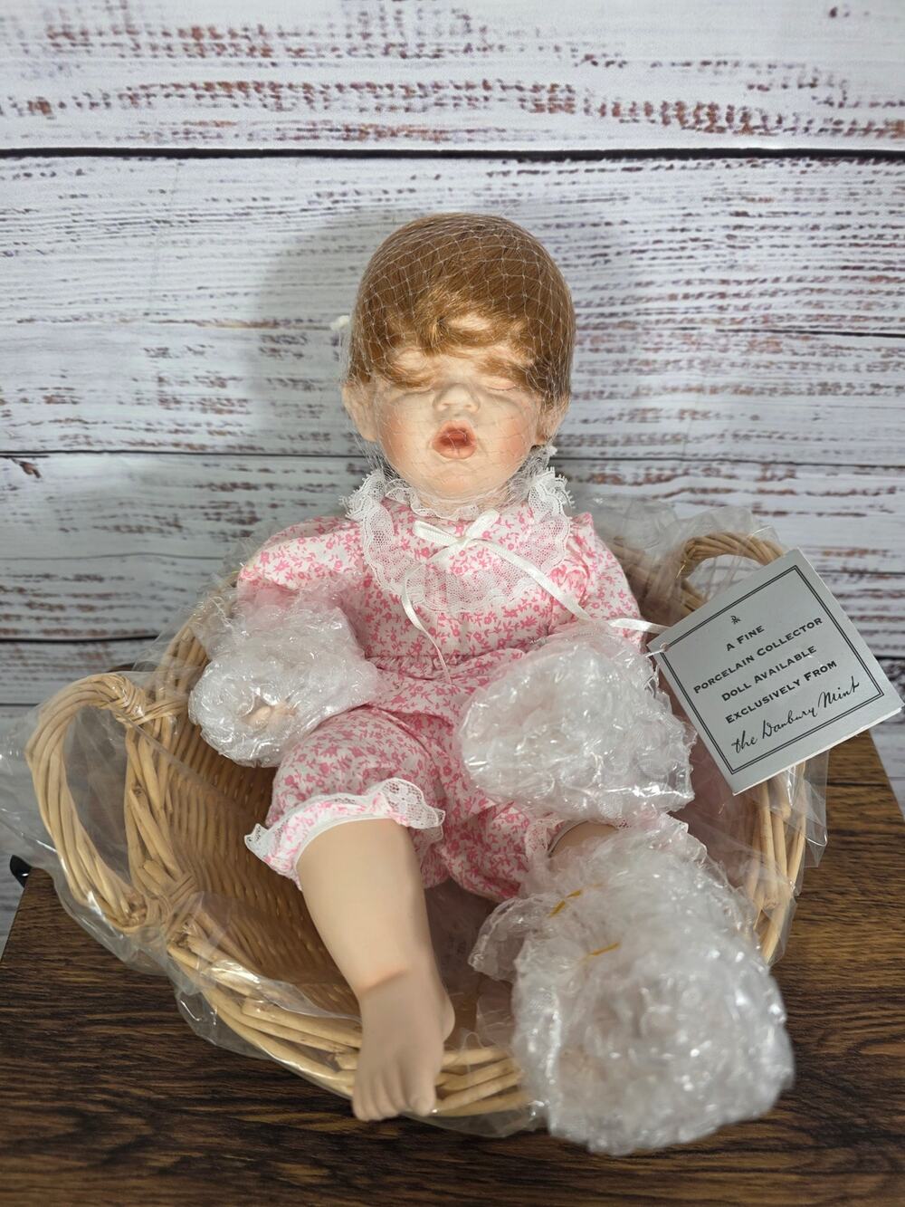 Danbury Mint Porcelain Sleeping Doll Baby w/Basket